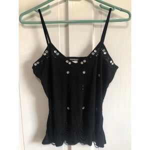 Black Sequin Beaded Fringe Cami  Top Vintage witchy Fairy dark coquette flowy S